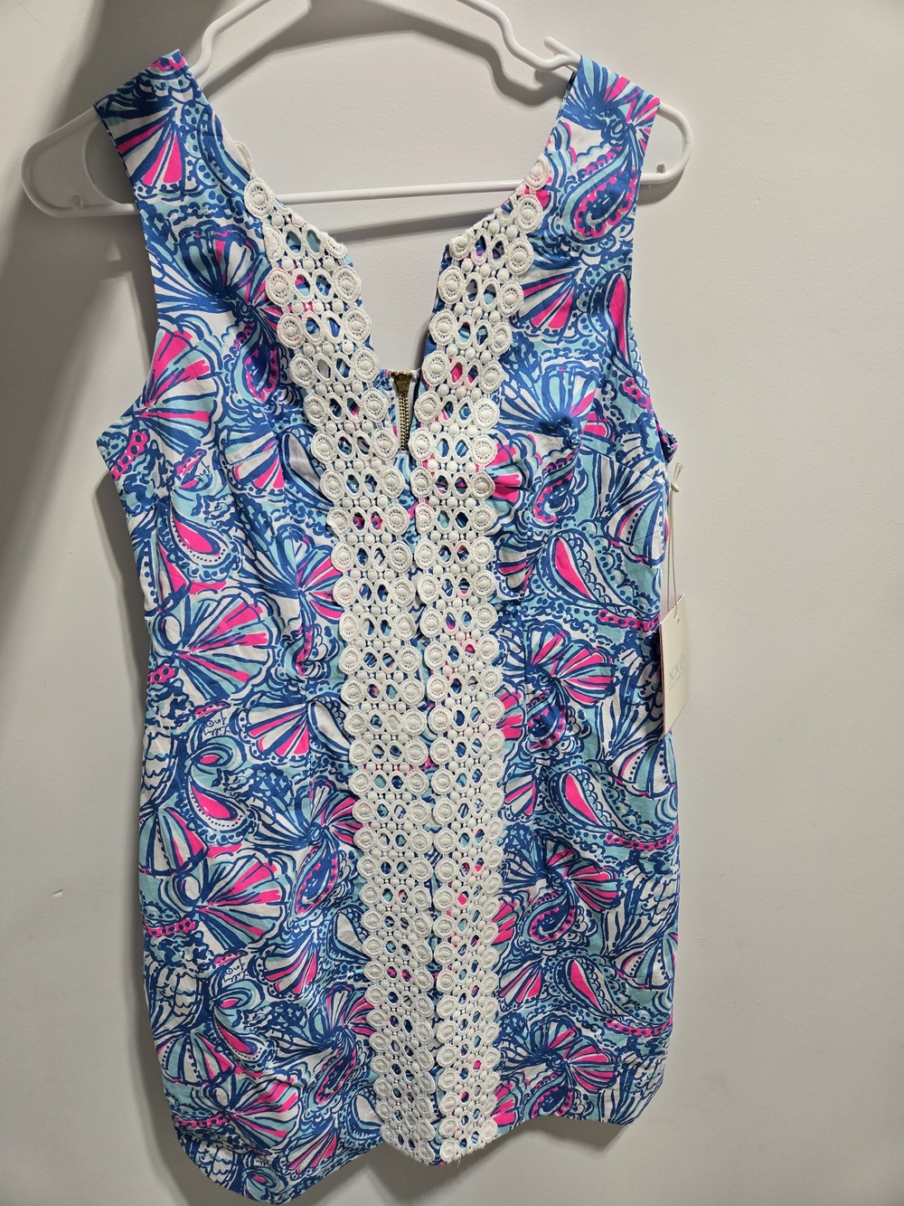 Lilly Pulitzer Blue & Pink Shell-Print Dress with White Lace Trim Size 8